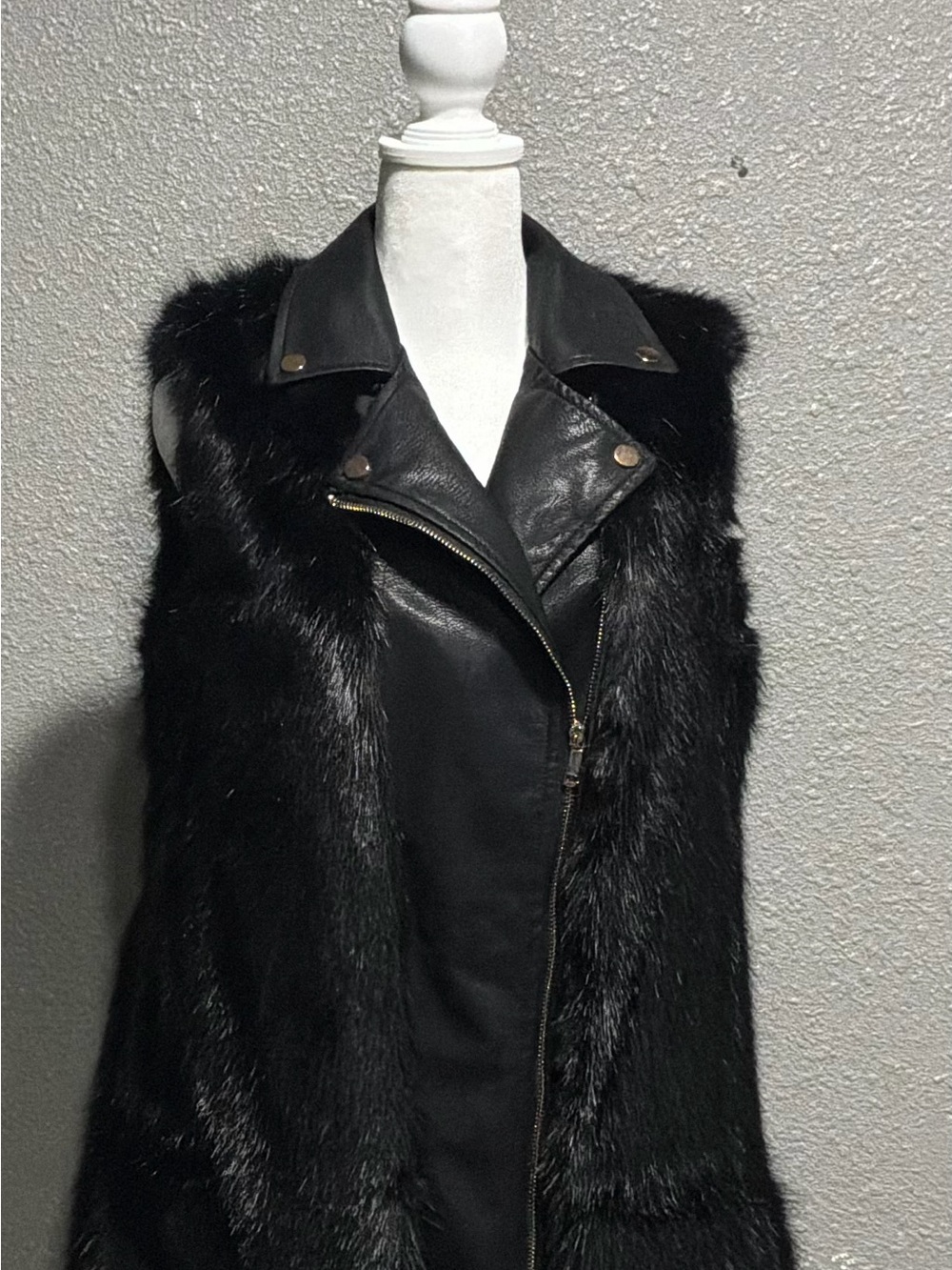 Women's Black Faux Fur & Leather Moto-Style Vest